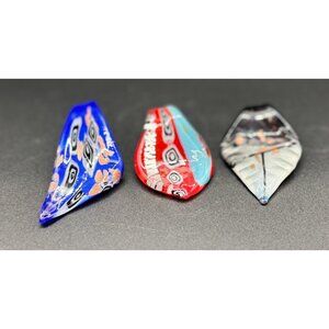 Lot Set of Three Art Glass Lampwork Blue Red Blue Black Spear Leaf Pendants